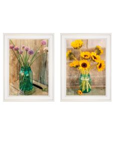 "Country Sunflowers & Chives" 2-Piece Vignette by Anthony Smith, Ready to Hang Framed Print, White Frame